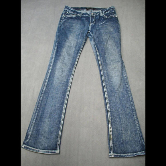 Rue 21 Premiere Rhinestone Bling Flap Pocket Blue Denim Jeans Womens 9 10 Angel - Picture 1 of 9
